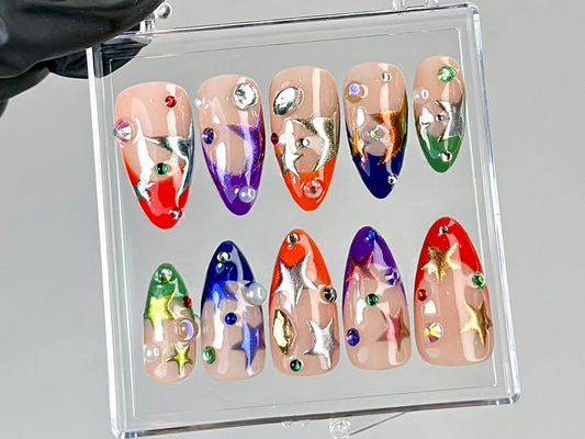 上品 メタリック ネイルチップ|Rainリボン スター アーモンド ネイル|Bright, 華やか スター ネイルアート|Shiny メタリック ネイルチップ|Festival ネイル|HC761YC