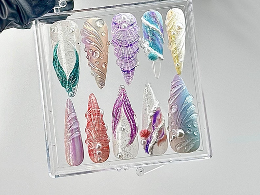 遊び心のある Ocean ネイルチップ|ハンドメイド Mermaid ネイルチップ|Mystical シー Creature ネイルアート|Ocean Fantasy ネイルチップ|HB640YC