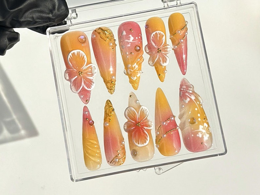 上品 フラワー 手描き ネイルチップ|Tropical フラワー ネイルチップ|フラワー Fantasy ネイルアート|Boho 洗練された Style ネイルチップ|HB637YC