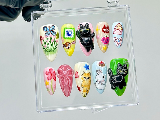 3D Kawaii キャット ネイルチップ|パステル Cartoon ネイルチップ|Cartoon キャット バニー ネイルアート|3D かわいい Animal Kawaii ネイル|パステル ネイル|HB939YC