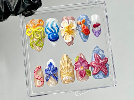 トロピカルビーチ 3D ネイルチップ by Reaispace|シー Life ネイルアート|ハンドメイド スターfish & Seashell ネイルチップ|Beach Aesthetic ネイル|HB791YK