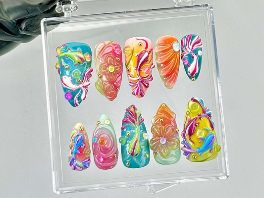 Colorful 3D ネイルチップ by Reaispace|Swirl Rainリボン ネイルチップ|Swirly Neon ネイルアート|Multicolor 3D ネイルアート|Psychedelic ネイル|HB796YC