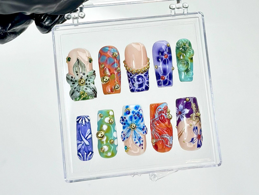 Colorful Glass フラワー ネイルチップ|Glass・風 ネイルアート|Resin フラワー Design ネイルチップ|上品 アーティスティック ネイルチップ|HB958YC