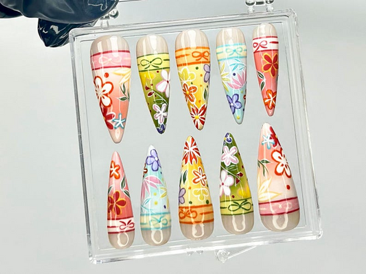 着物・風 ネイルチップ|和風 フラワー ネイルチップ|和風 着物 ネイルアート|Traditional Bright フラワー ネイルチップ|HB917YK