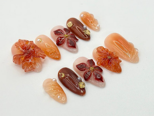 秋・風 ネイルチップ|Warm Tones & ゴールド Accents|ハンドメイド 秋 ネイルアート Set|3Dフラワー ネイル|秋 Collection|JB544HC