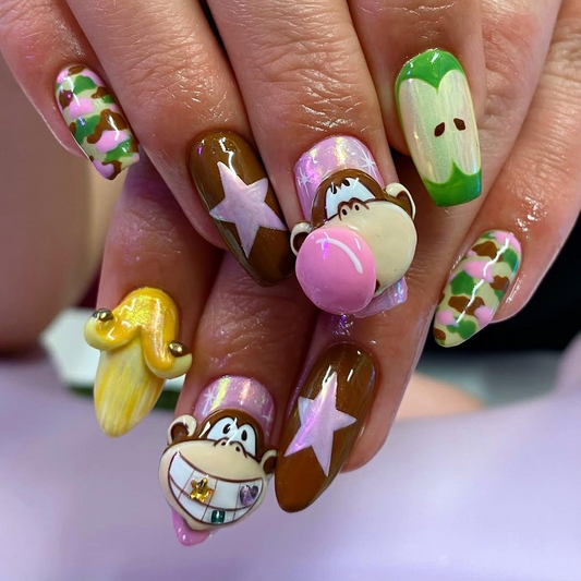 Camo Monkey Fun ネイルチップ|Cartoon Camouflage ネイル|Banana & Monkey Nail Design|ピンク グリーン スター ネイルチップ|Funky ネイル|JC963HC