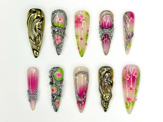 3D 上品 フラワー ネイルチップ|フラワー ゴールド クローム ネイル|ハンドメイド Statement ネイルアート|上品 ロング ネイルチップ|HB997GK