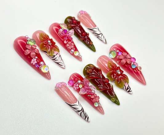 華やか Bloom Jungle ネイルチップ|3D レッド フラワー & バタフライ ネイルアート|Zebra Print フレンチチップ|Tropical Jungle Nail Design|JC925EK