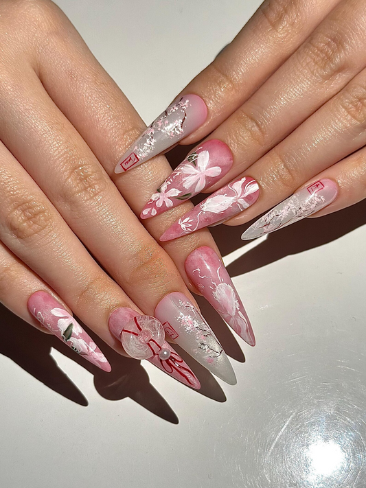ピンク Blossom ネイルチップ|ピンク Jelly フラワー ネイル|Asian フラワー ネイル|ロマンティック 春 ネイル|ハンドメイド スティレット ネイルチップ|JB312HC