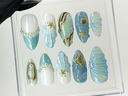 Mermaid Ocean ネイルチップ|ブルー Ocean・風 Designs with グリッターy Oceanic, 3D スターfish|カスタム ハンドメイド ネイルチップ|HD503AL