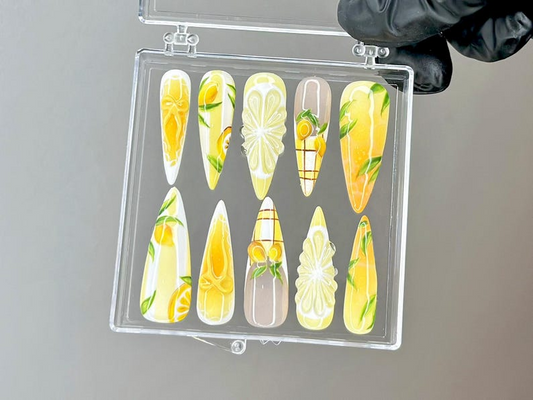 夏 Lemon ネイルチップ|Hand Painted Citrus ネイルアート|Fruit Design ネイルチップ|Glossy Fresh ネイルチップ|Aesthetic ネイル|HB956YC