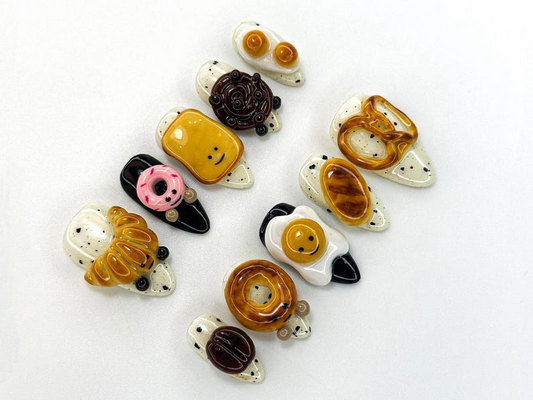 Breakfast Food ネイルチップ|3D Croissant Donut ネイルアート|Toast and Egg ハンドメイド ネイル|Fun Foodie ネイル|A1114K
