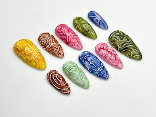Celestial Carved Texture ネイルチップ|Abstract ナチュラル ネイルアート|Earth Element ネイルセット|3D Carved ネイル|Colorful ネイルチップ|JB932H