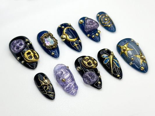 Cosmic Galaxy ネイルチップ|Celestial ムーン スター ネイルアート|Dark ブルー & ゴールド Mystical ネイル|Opal Constellation Nail Design|JC860H