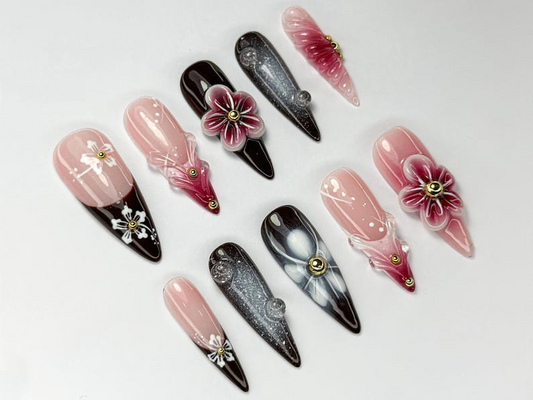 上品 レッド フラワー ネイルチップ|3D レッド Blossom ネイルセット|上品 春 ネイル|Glossy フラワー ネイルセット|Dark Glam ネイル|JC756HC