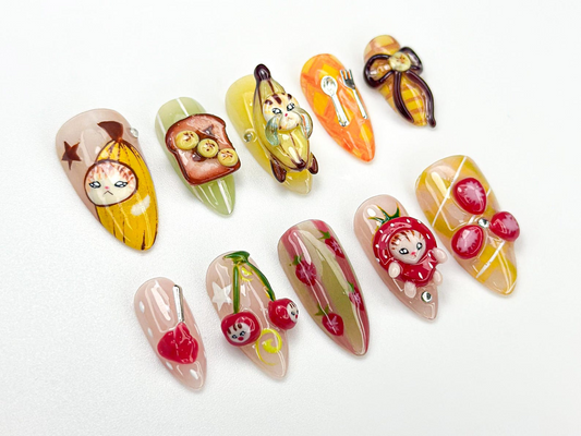 Banana キャット ネイルチップ|かわいい Fruit ネイルアート|3D Food ネイル|Kawaii ハンドメイド ネイルチップ|Quirky Character Nail Design|JB909HC