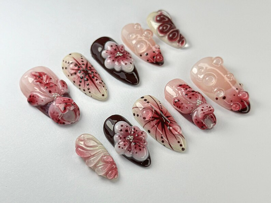 上品 レッド フラワー ネイルチップ By Reaispace|Burgundy & チーク フラワー Art|Glossy ハンドメイド ネイル|カスタム ウェディング ネイルアート|JC717H