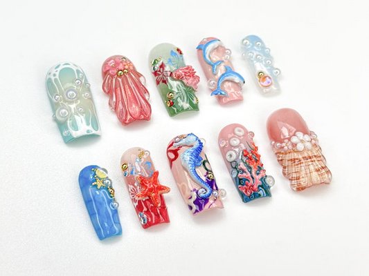 夏 ネイルチップ with 3D Seashells and パール|Mermaid Dolphin Coral Shell Design|夏 Beach Vibe ネイル|シー Life ネイル|JB923H