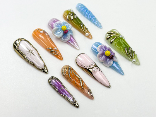 Colorful Dream Bloom ネイルチップ|3D Mixed フラワー ネイル|グラデーション クローム Set with パール & メタリック Art|Festival フラワー Nail|JC776HK