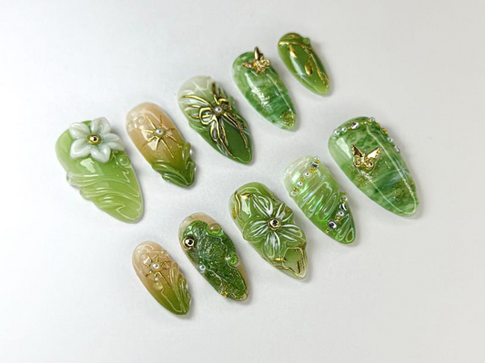 手描き フォレスト グリーン ネイルチップ|Botanical Nail Design|グリーン ナチュラル・風 ネイル|グリーン ナチュラル・風 ネイル|JB705HK