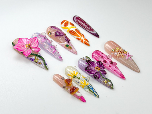 夏 ネイルチップ Tropical Bloom|3D Orchid & Fruit ネイルアート|Colorful 夏 フラワー Design|ハンドメイド ナチュラル ネイル|JB983HC