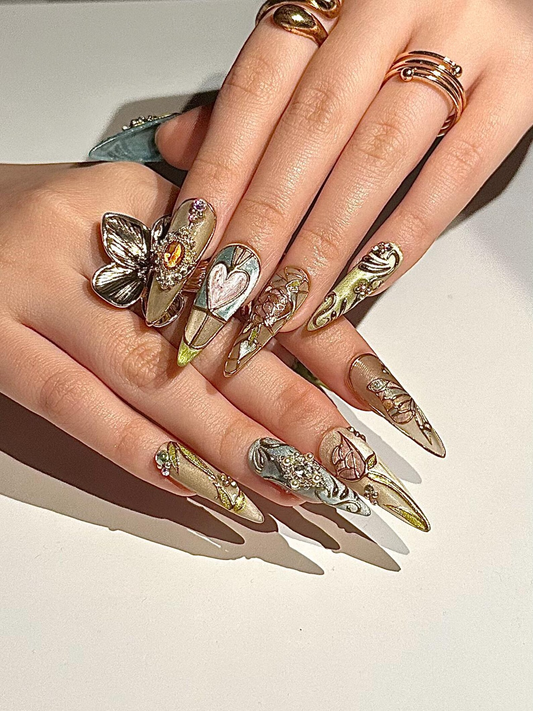 Baroque ステンドグラス ネイルチップ|Vintage 上品 ハート ネイル|ハンドメイド Victorian Aesthetic ネイル|ハンドメイド スティレット ネイルチップ|JB311HC