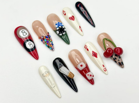 Casino Game Theme ネイルチップ|3D Poker Dice & Martini ネイル|Vegas Party ネイルチップ|華やか ハンドメイド Nail|Vegas Nightlife Nail|JB960H