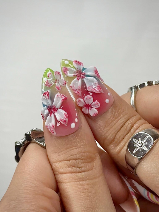 Midnight Sun ネイルチップ for Y2K Lovers|Sunset オンブレ Rainリボン ネイル with 3Dフラワー Art|90s Nail Design|アーティスティック ネイルチップ|JB290HC