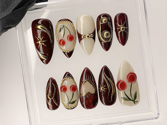 上品 レッド チェリー ネイルチップ|鮮やか Luxurious 手描き スター, リボン Acrylic ネイルアート|ホリデー, クリスマス Kawaii ネイル|HD551AL