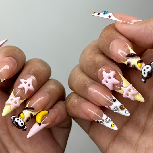 3D Monkey Banana ネイルチップ|かわいい ピンク スター & Fruit ネイルチップ|Kawaii ハンドメイド ネイルアート|Playful かわいい ネイル|Cartoon ネイル|HB255YC