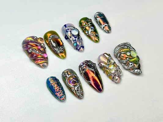 Edgy メタリック 3D ネイルチップ|Holographic ビジュー Nail Design|メタリック クローム ネイルセット|クローム Press・On ネイルセット|JB688H