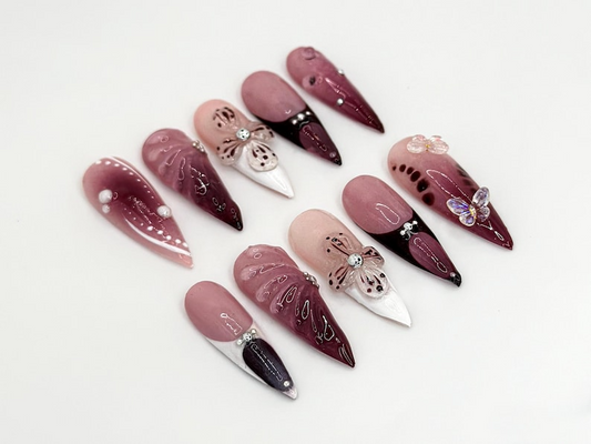 Burgundy フラワー 3D ネイルチップ|フラワー Design with ラインストーン|フラワー Accents And パール Details|Stylish & Trendy Nail Design|JB660H