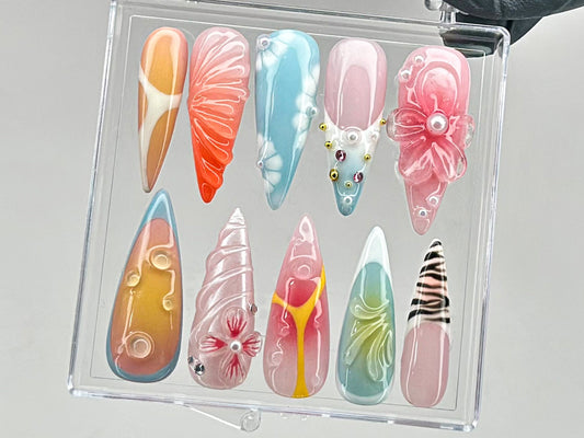 鮮やか フラワー ネイルチップ|華やか 3Dフラワー On ネイルチップ|フレンチチップ ネイルアート|Y2K ネイル|ドリーミー ネイル for Birthday|HD550T