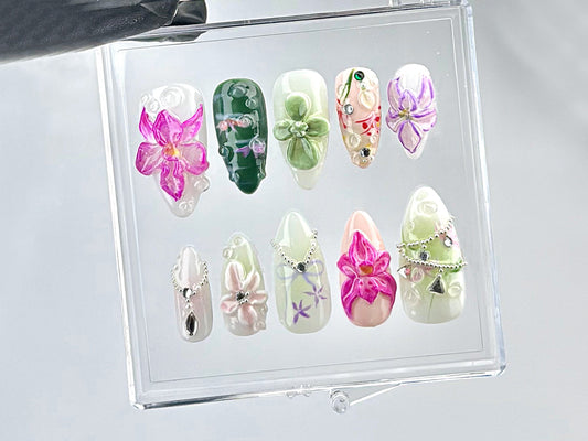 3D Orchid And Succulent ネイルチップ|上品 3D フラワー ネイルアート|上品 Orchid And Garden Theme ネイルチップ|ウェディング ネイル|HB628Y