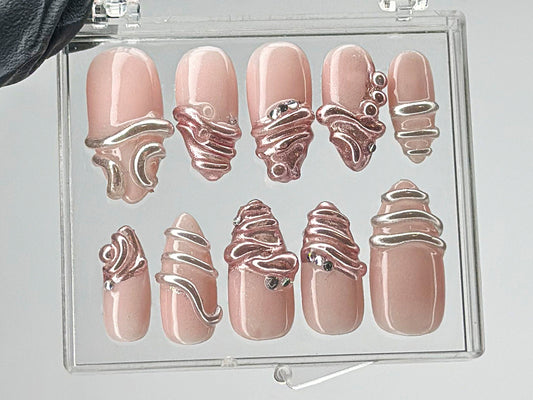 上品 ローズ ゴールド ネイルチップ|ユニーク 3D クローム Accents On ネイルチップ|フレンチチップ クローム ネイルアート|Gift for her|HD538T