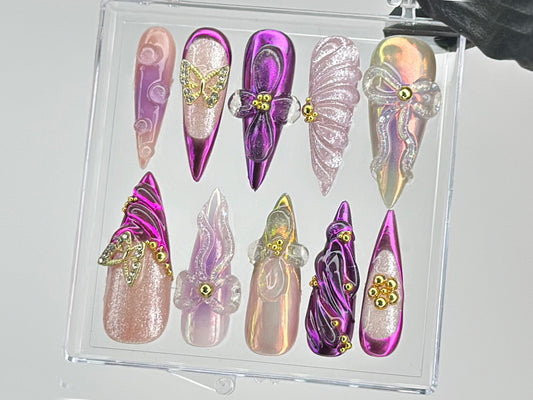 鮮やか パープル ネイルチップ|Luxurious パープル ネイルアート|バタフライ charms on ネイルチップ|3Dフラワー Nail Charms|ネイルチップ|HD451TL