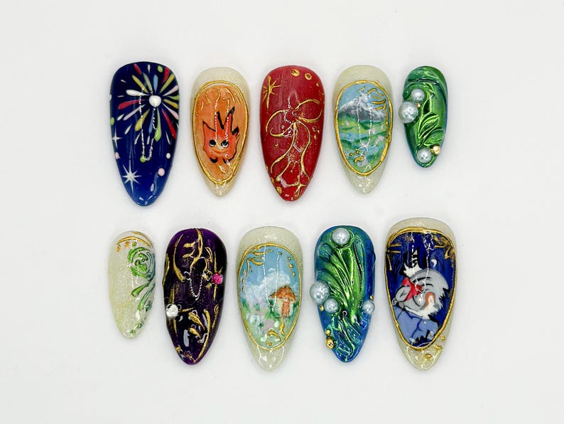 Howl's Moving Castle ネイルチップ｜Studio Ghibli 風 ネイルアート｜ユニーク ハンドメイド Anime ネイル｜カスタム Ghibli Nail Design｜JB593HC