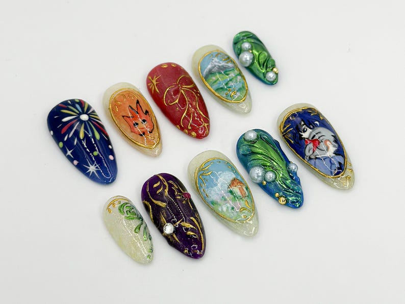 Howl's Moving Castle ネイルチップ｜Studio Ghibli 風 ネイルアート｜ユニーク ハンドメイド Anime ネイル｜カスタム Ghibli Nail Design｜JB593HC