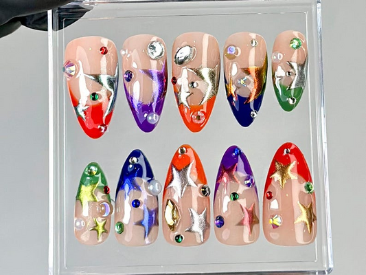 上品 メタリック ネイルチップ｜Rainリボン スター アーモンド ネイル｜Bright, 華やか スター ネイルアート｜Shiny メタリック ネイルチップ｜Festival ネイル｜HC761YC
