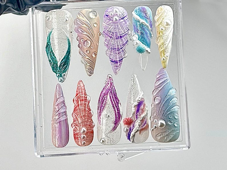 遊び心のある Ocean ネイルチップ｜ハンドメイド Mermaid ネイルチップ｜Mystical シー Creature ネイルアート｜Ocean Fantasy ネイルチップ｜HB640YC