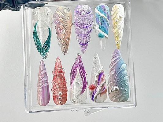 遊び心のある Ocean ネイルチップ｜ハンドメイド Mermaid ネイルチップ｜Mystical シー Creature ネイルアート｜Ocean Fantasy ネイルチップ｜HB640YC