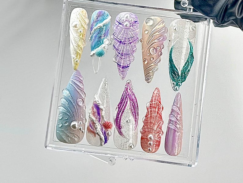 遊び心のある Ocean ネイルチップ｜ハンドメイド Mermaid ネイルチップ｜Mystical シー Creature ネイルアート｜Ocean Fantasy ネイルチップ｜HB640YC