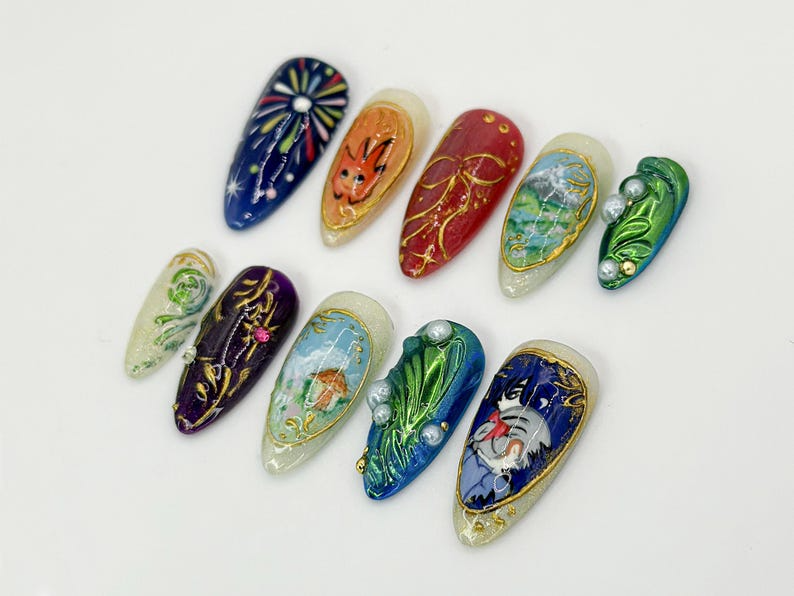 Howl's Moving Castle ネイルチップ｜Studio Ghibli 風 ネイルアート｜ユニーク ハンドメイド Anime ネイル｜カスタム Ghibli Nail Design｜JB593HC