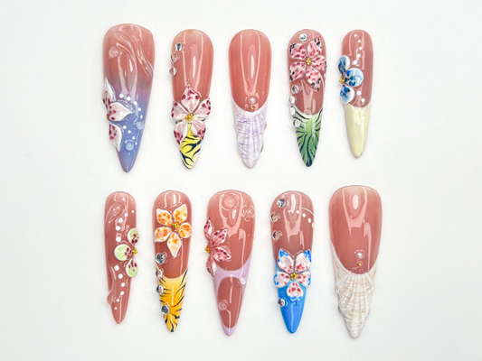 ハンドメイド Tropical ネイルチップ｜Colorful 夏 ネイルチップ｜フラワー Nail Tips ハンドメイド｜Vaキャットion フラワー ネイルセット｜Colorful ネイル｜JC787HK