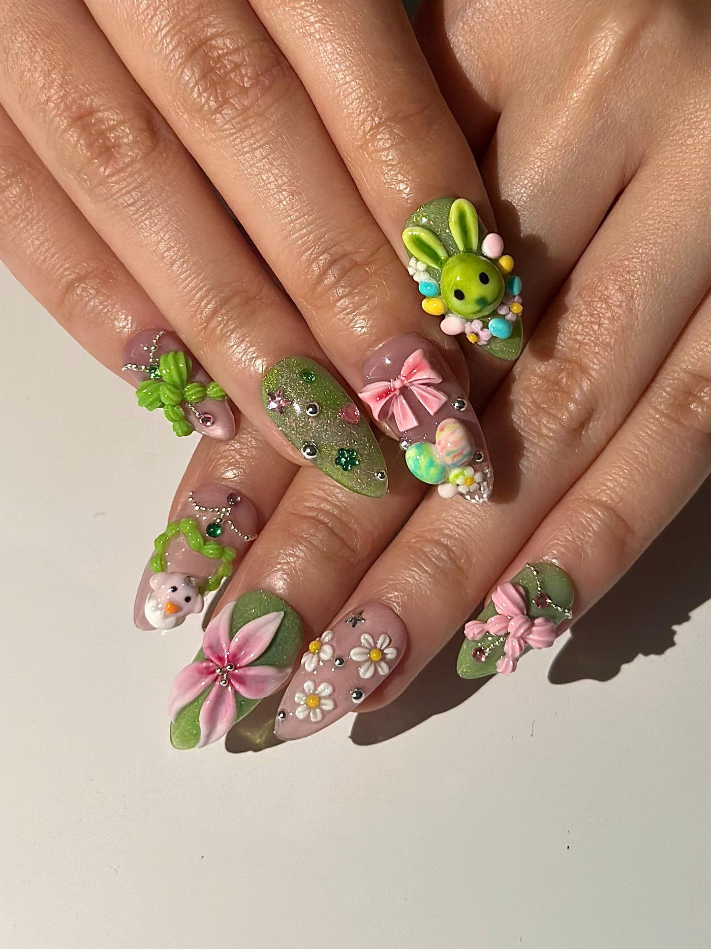 バニー Garden ネイルチップ｜3D Easter ラビット ネイル｜かわいい パステル フラワー ネイル｜Kawaii グリーン ピンク ネイル｜ハンドメイド ネイルチップ｜DB1031HC