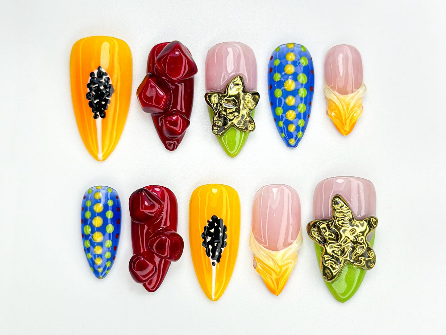 Tropical Fruit ネイルチップ｜3D Papaya, Corn & Dragonfruit｜鮮やか ハンドメイド ネイルアート｜Exotic 夏 ネイルセット｜かわいい Fruit Nail｜JB873H