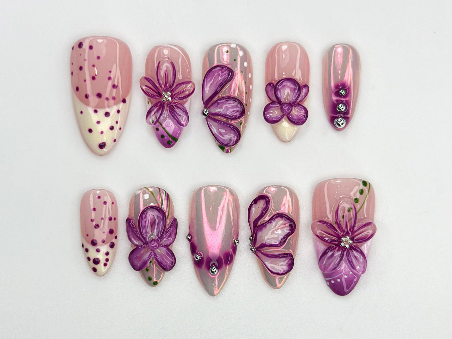 Glossy パープル フラワー ネイルチップ｜3Dフラワー クローム ネイル｜ハンドメイド ロング ネイル｜Sparkling Violet フラワー Tips｜上品 ネイルセット｜JC770HC