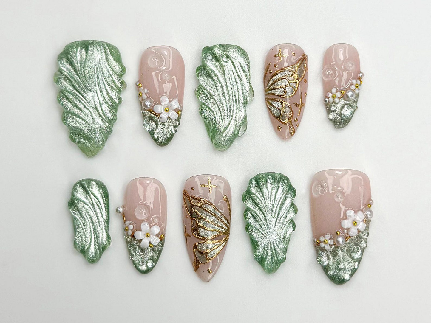 Jade グリーン フラワー ネイルチップ｜上品 フラワー ネイルアート｜禅 ナチュラル ネイルチップ｜ヌーディー フラワー バタフライ ネイル｜ハンドメイド 3D Nail｜JB781HC