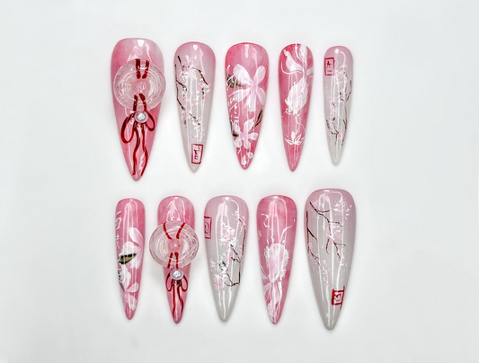 ピンク Blossom ネイルチップ｜ピンク Jelly フラワー ネイル｜Asian フラワー ネイル｜ロマンティック 春 ネイル｜ハンドメイド スティレット ネイルチップ｜JB312HC