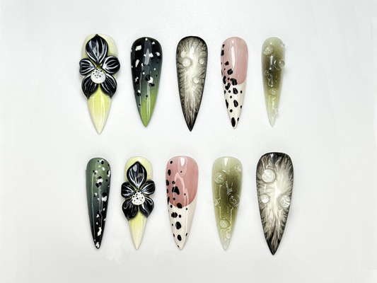 上品 グリーン Bloom ネイルチップ｜3D ブラック ホワイト フラワー ネイル｜Handpainted ナチュラル ネイルアート｜グリーン オンブレ & Dot Accent ネイル｜JC101HK